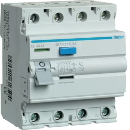 ECF441J Srovės nuotekio relė Hager ECF441J (40A, 4P, 300mA) iš UAB SINTAS