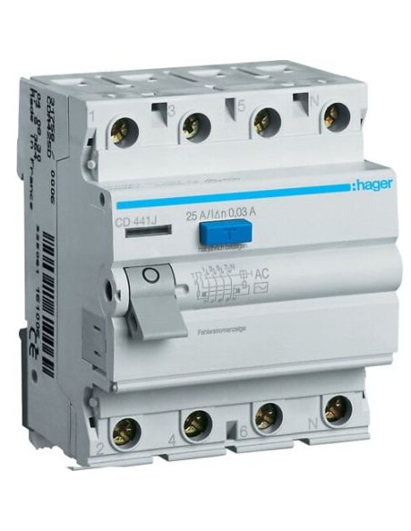 HCD441J Srovės nuotekio relė Hager CD441J (AC, 40A, 4P, 30mA, 230V) iš UAB SINTAS