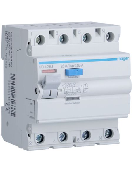 HCD426J Srovės nuotekio relė Hager CD426J (AC, 25A, 4P, 30mA, 230V) iš UAB SINTAS