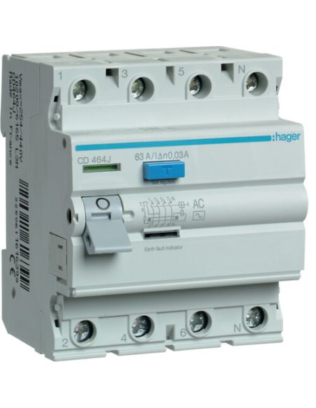 HCD464J Srovės nuotekio relė Hager CD463J (AC, 63A, 4P, 30mA, 400V) iš UAB SINTAS