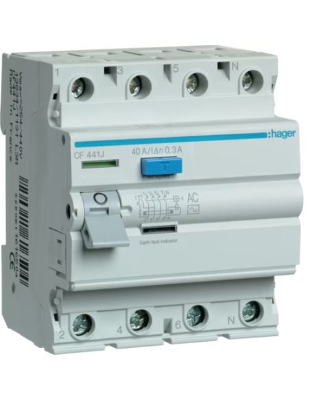 ECF441J Srovės nuotekio relė Hager ECF441J (40A, 4P, 300mA) iš UAB SINTAS