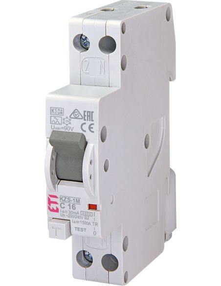 104994 Relė srovės nuotėkio RCBO 2P 16A C 30mA A-tipas su automatu 6kA 1 modulio KZS-1M 1p+N A C16/0.03 6kA - ETI iš UAB SINTAS