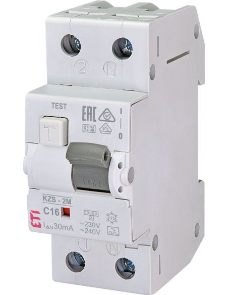 058697 Relė srovės nuotėkio RCBO 2P 16A C 30mA A-tipas su automatu 10kA KZS-2M A C16/0.03 - ETI iš UAB SINTAS
