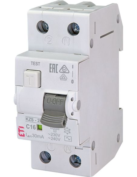 077990 Relė srovės nuotėkio RCBO 2P 16A C 30mA AC-tipas su automatu 10kA KZS-2M AC C16/0.03 - ETI iš UAB SINTAS