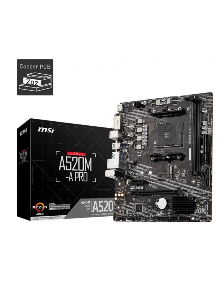 Mainboard|MSI|AMD A520|SAM4|MicroATX|1xPCI-Express 3.0 1x|1xPCI-Express 3.0 16x|1xM.2|Memory DDR4|Memory slots 2|1xDVI|1xHDMI|2x