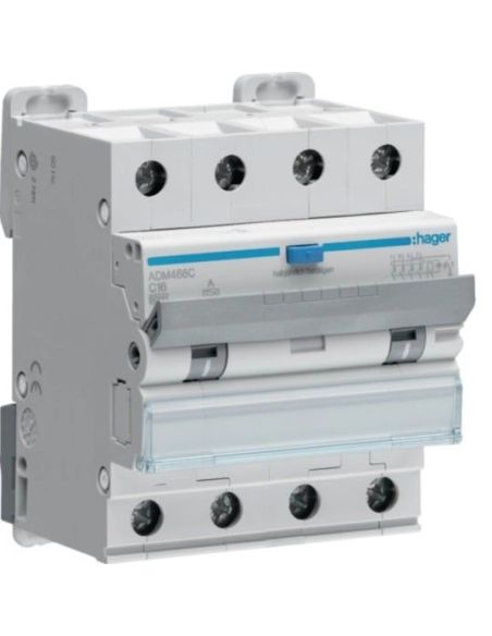 ➤ Srovės nuotėkio relė su automatiniu jungikliu Hager ADM466C (4P, 16A, C, A tipo, 30mA, 6kA) 