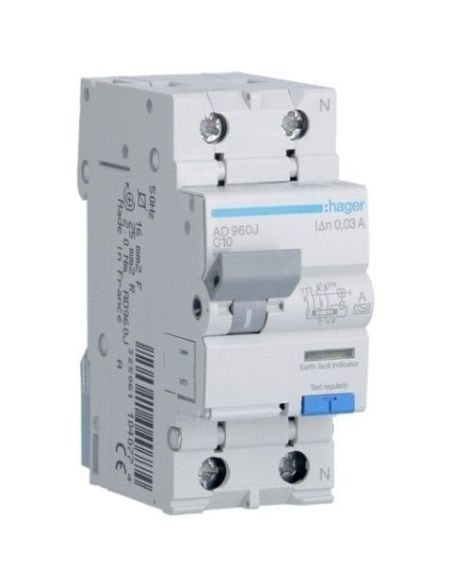 ➤ Srovės nuotėkio relė su automatiniu jungikliu Hager AD960J (2P, 10A, A tipo, 30mA, 230V) 