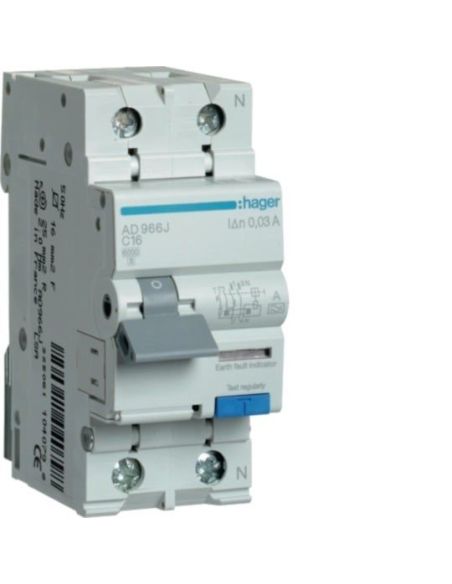 ➤ Srovės nuotėkio relė su automatiniu jungikliu Hager AD966J (2P, 16A, C, AC tipo, 1P+N, 6kA) 