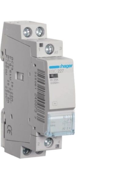 ➤ Kontaktorius Hager ESC227 (1P, 25A, 230V, 1NO+1NC, 1 mod.) 